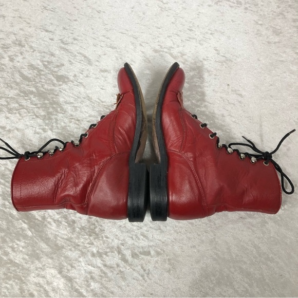 Cowtown Red Leather Made In Mexico granny Boots Size 5D Women's fringe lace up - Picture 4 of 7